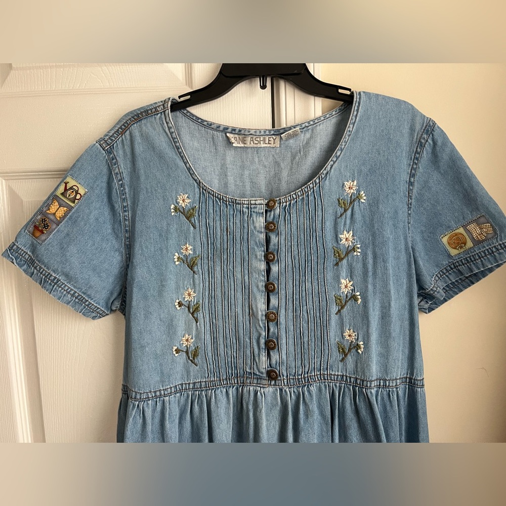 Vintage Jane Ashley Blue Denim Tie Back Garden Patchwork Cottagecore Dress Large - Picture 6 of 14